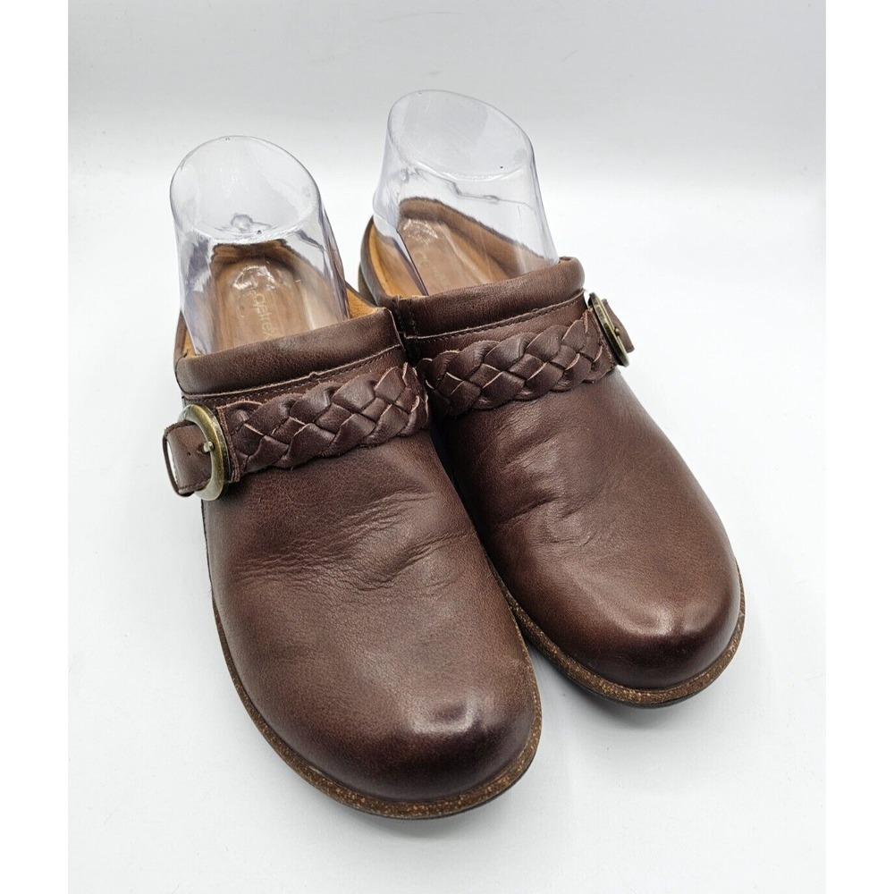 Aetrex Libby Shoes Womens 38 Brown Leather Clog Mule Comfort Braid‎ Buckle Cork